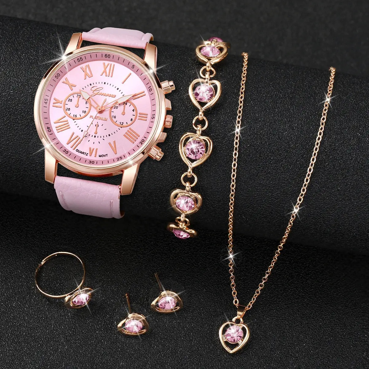 AuroraTime Womens Quartz Watch Leather Band Jewelry Set Heart Rhinestones Accent Analog Roman Numerals