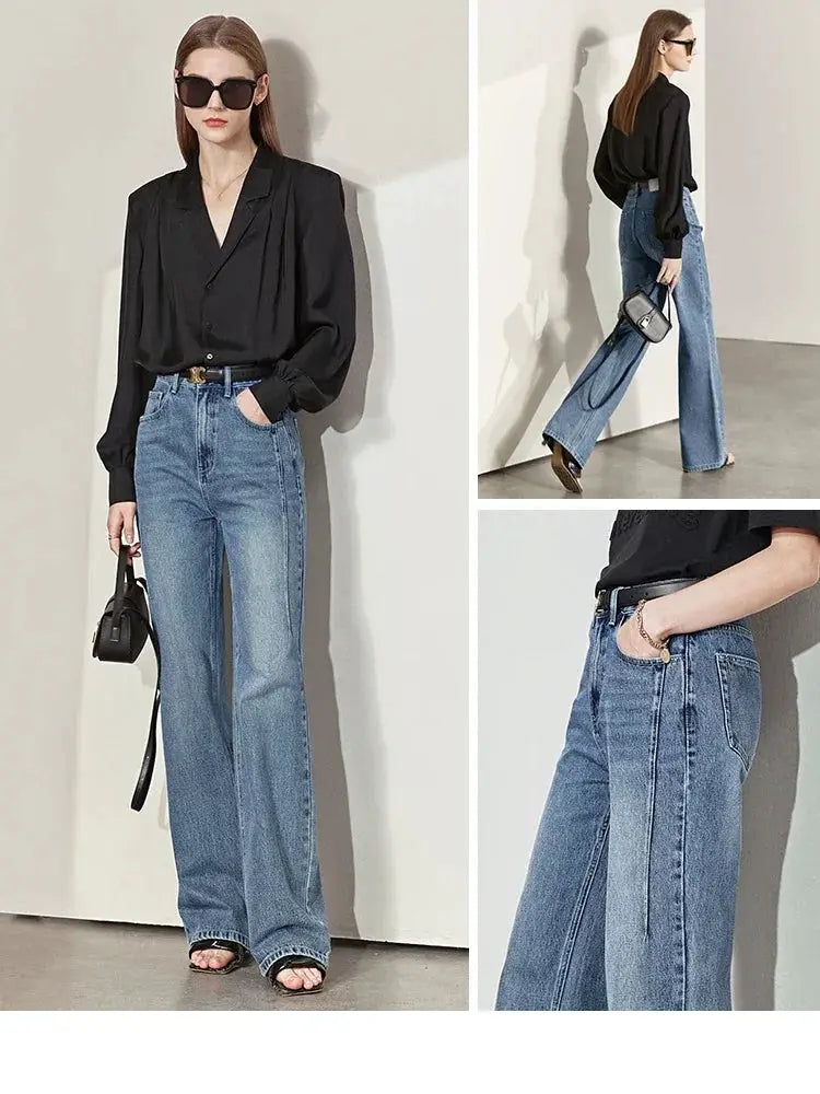 Amii Minimalism Vintage Denim Jeans Women Loose Wide Leg Autumn Pants