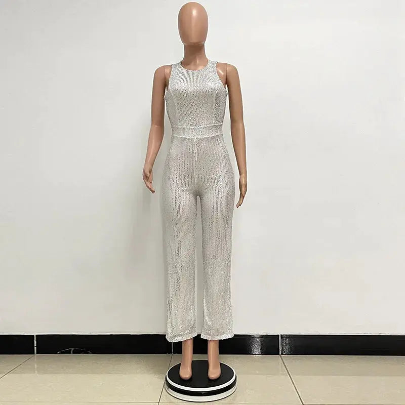 Simples Market silver sequin jumpsuit for women, sleeveless high-waist glamorous party wear