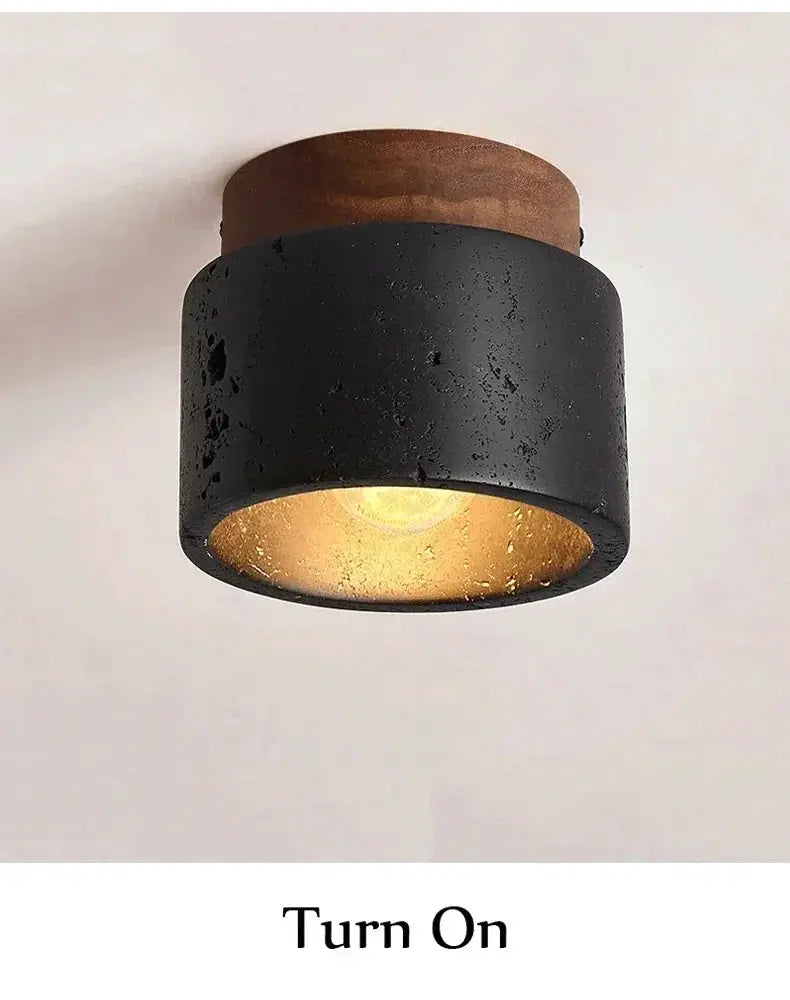 Wabi-sabi ceiling lamp black cylindrical shade with gold interior and wooden mount