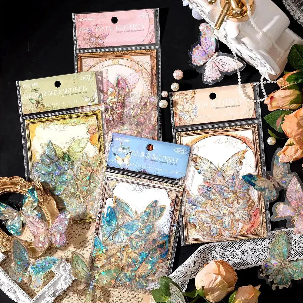 5Style 20 Pcs Pack INS Butterfly PET Sticker Set Ice Crystal Laser Gold For DIY Handbooks Scrapbooks 3D Decoration