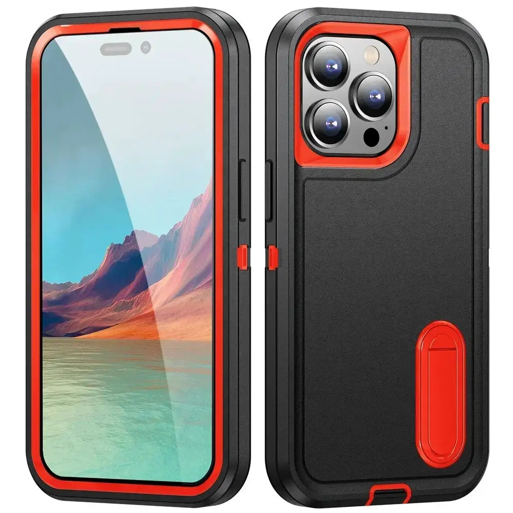 Simples Market iPhone case, heavy-duty rugged protector in black with red trim and kickstand.
