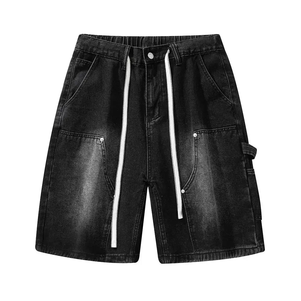 Men's denim shorts with black/blue faded wash, white drawstrings, and cargo pockets.