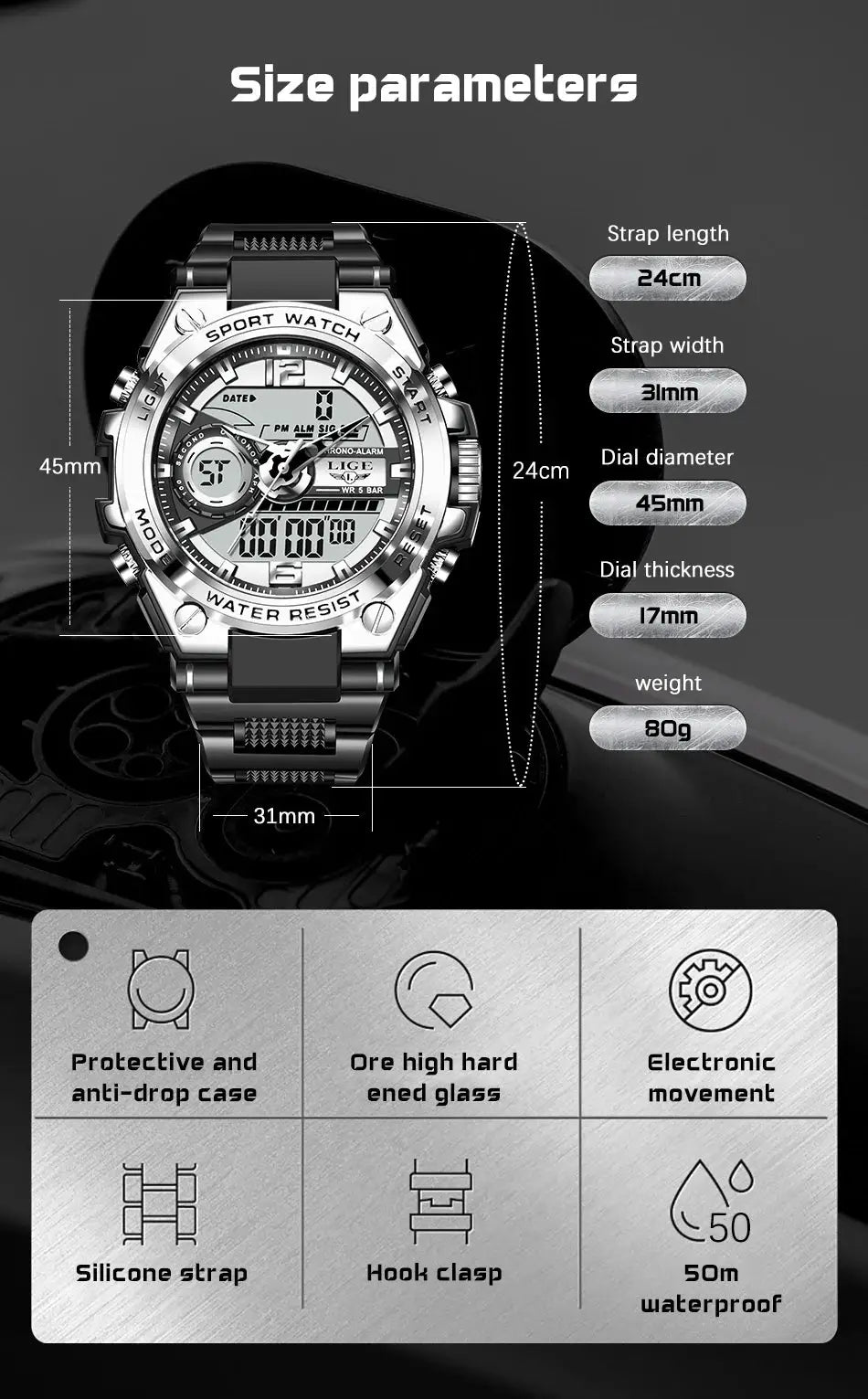 LIGE Men Military Digital Watch, silver stainless-steel strap, 45mm dial, 50m waterproof