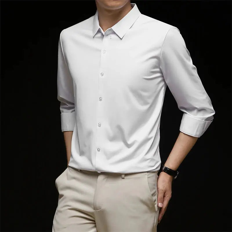 Men's white Simples Market business-casual long-sleeve shirt, wrinkle-resistant, solid color