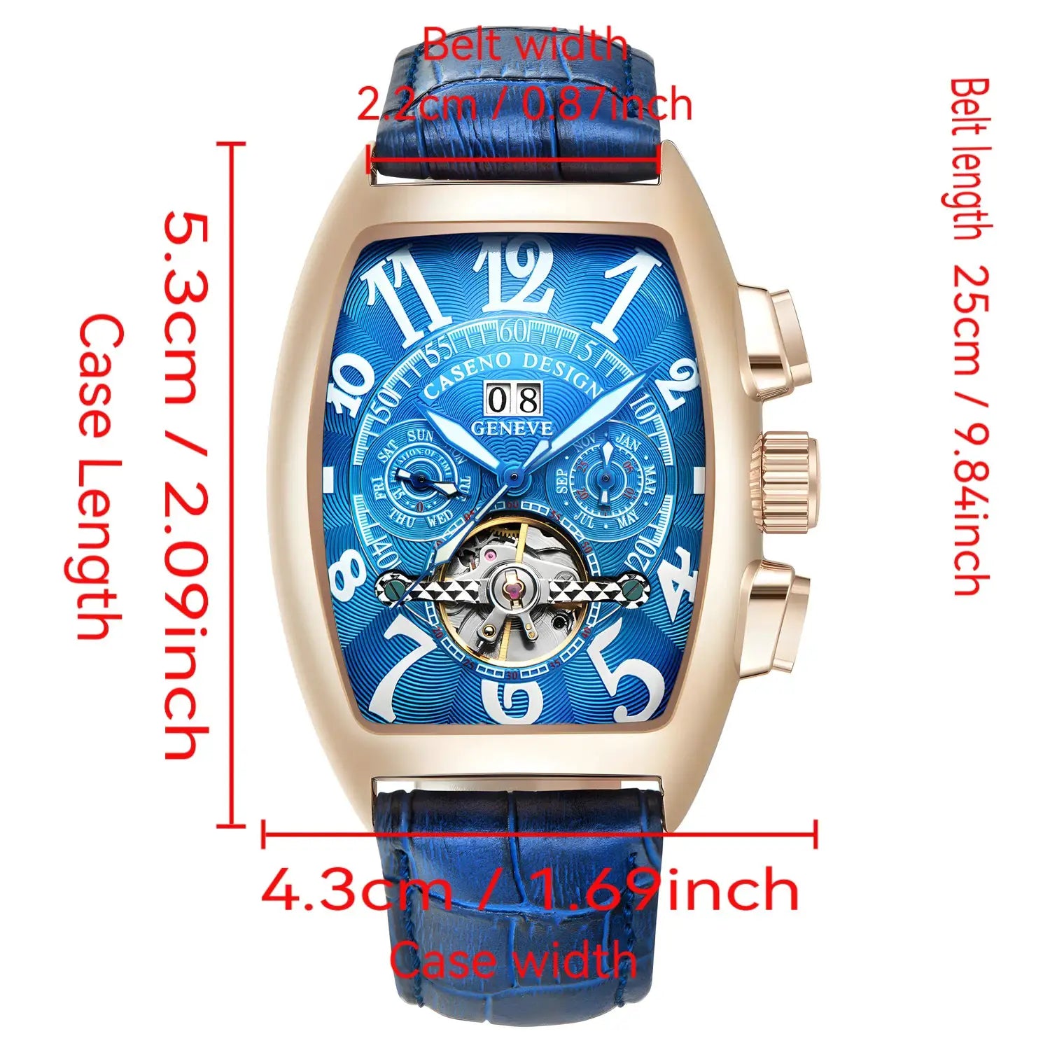 CASENO Tonneau skeleton watch with blue dial & blue leather strap in rose-gold case by Simples Market