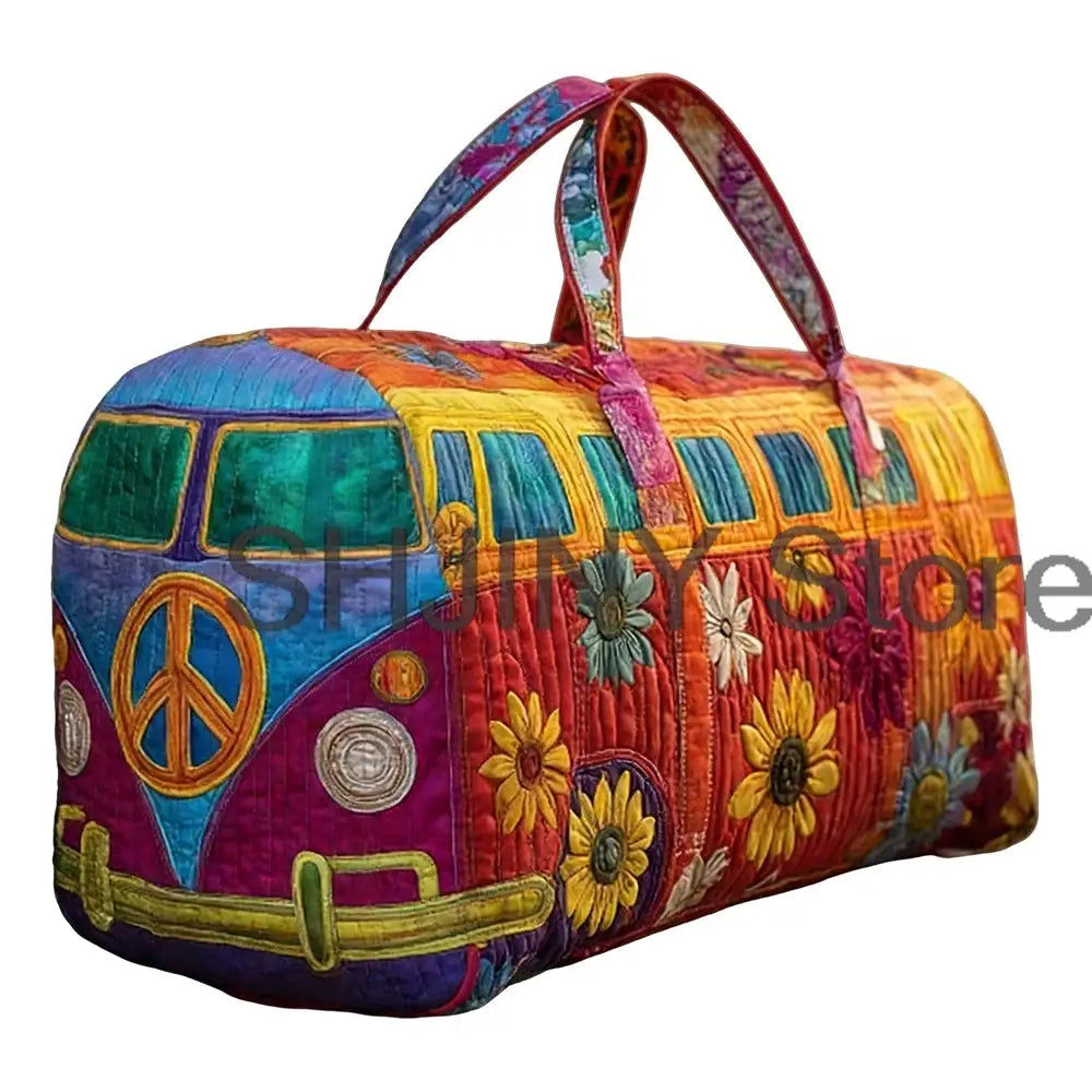 Quilted multicolor duffel bag with peace sign and flower motifs, dual handles, weekender travel bag