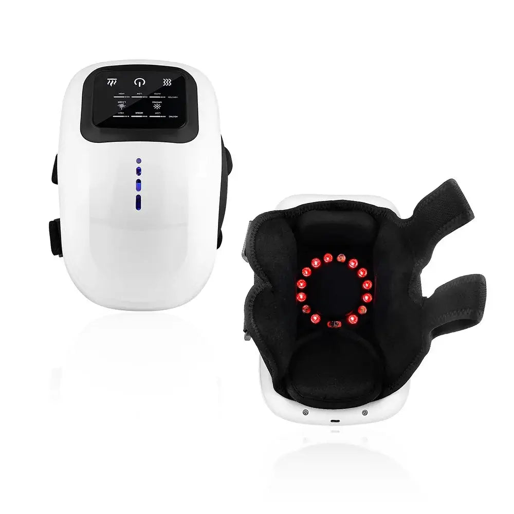 foreverlily Smart Knee Massager Simples Market; white device with control panel and black wrap, 2pc kit with red LEDs
