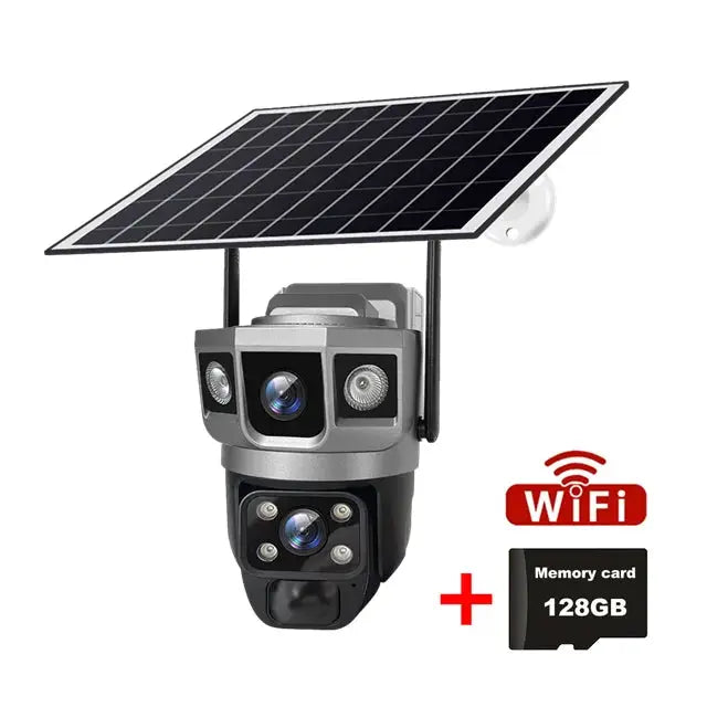 Simples Market V380 Pro solar WiFi IP camera with dual lenses and solar panel, includes 128GB memory card