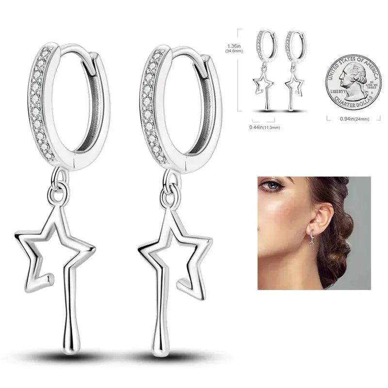 925 Silver Hoop Earrings For Women Zircon Heart Shape Star Eardrops Original Fashion Jewelry