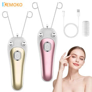 Electric threading epilator for women; two pink and gold portable hair removers with USB cable for face and body