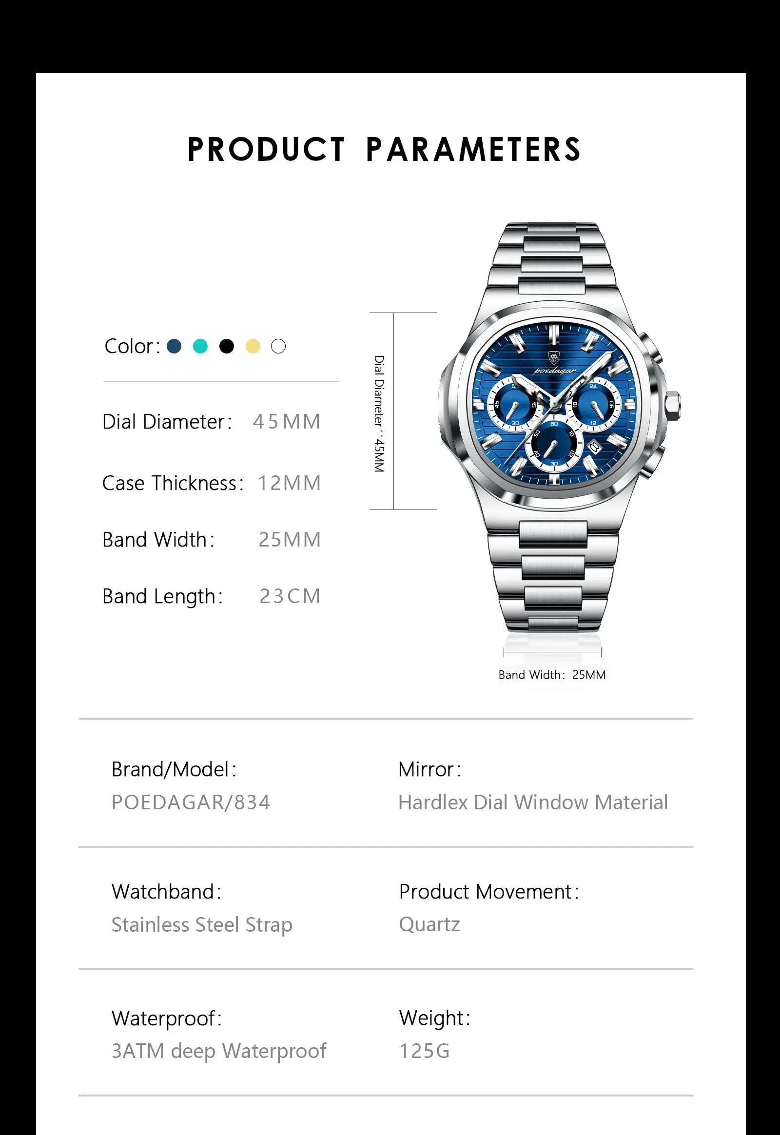 POEDAGAR stainless steel men's wristwatch with blue date-chronograph dial
