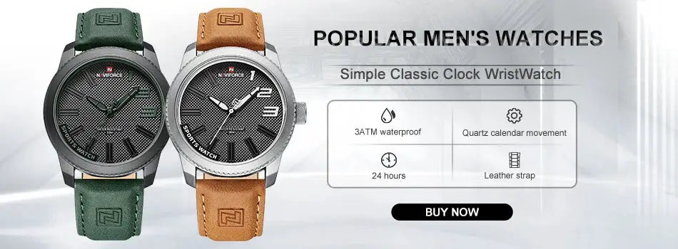Two NAVIFORCE men's sports watches with black textured dials, steel cases, and green and tan leather straps.