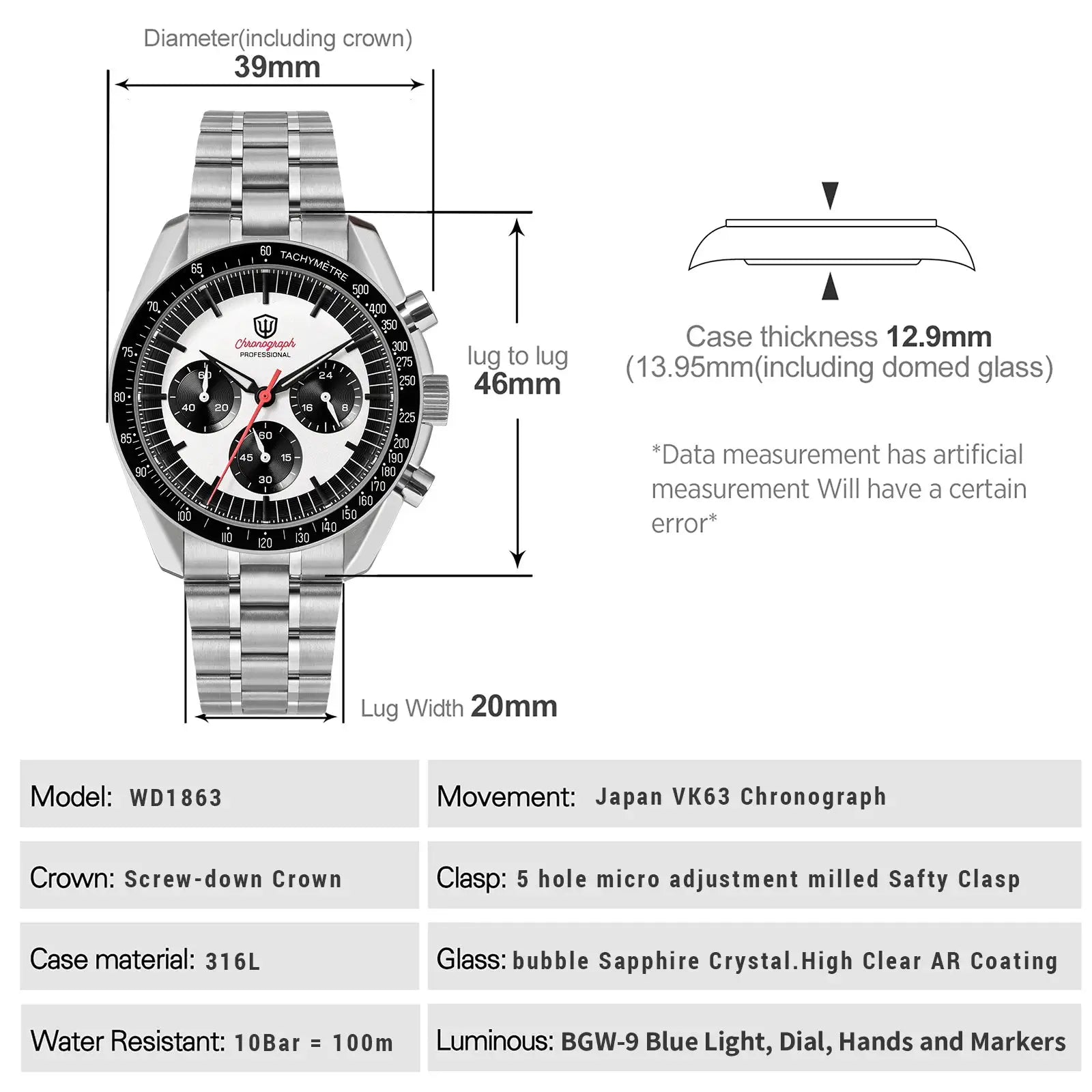 Simples Market WD1863 chronograph watch with stainless steel bracelet, black bezel, white dial, red seconds, 100m water resistant