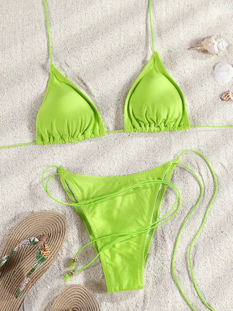 ZRTAK lime green string-tie bikini set by Simples Market with triangle top and high-cut bottom