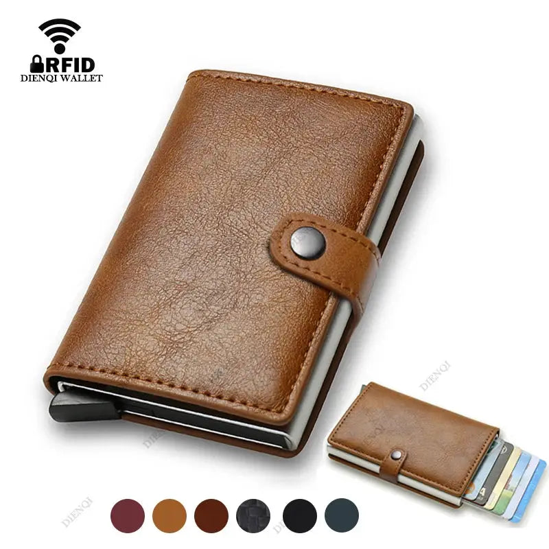 Credit card holder wallets; two brown leather RFID slim wallets with snap straps, BRFID logo
