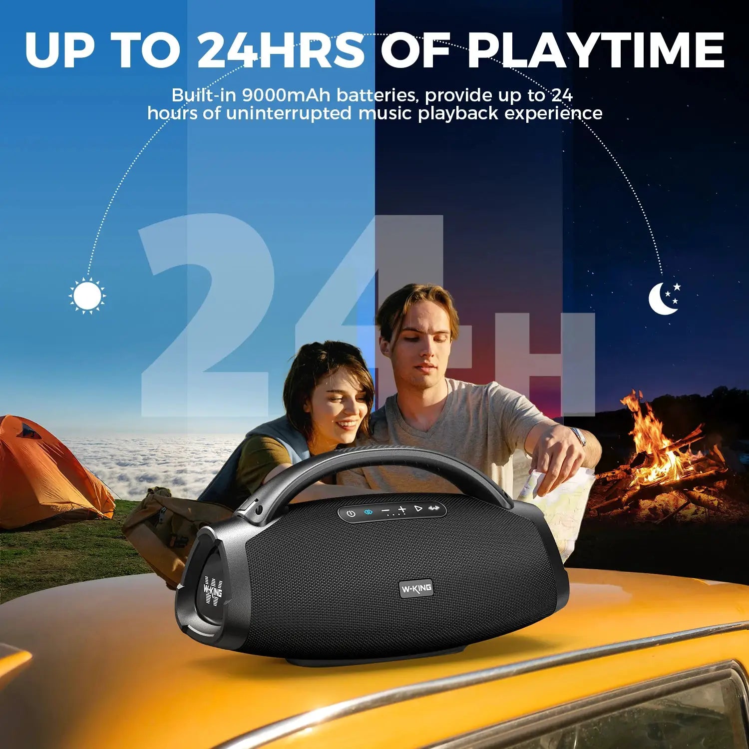 W-KING portable Bluetooth speaker, black outdoor boombox with built-in handle