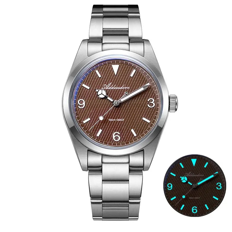 Addiesdive men's analog watch with brown dial, stainless steel bracelet, and luminous hands