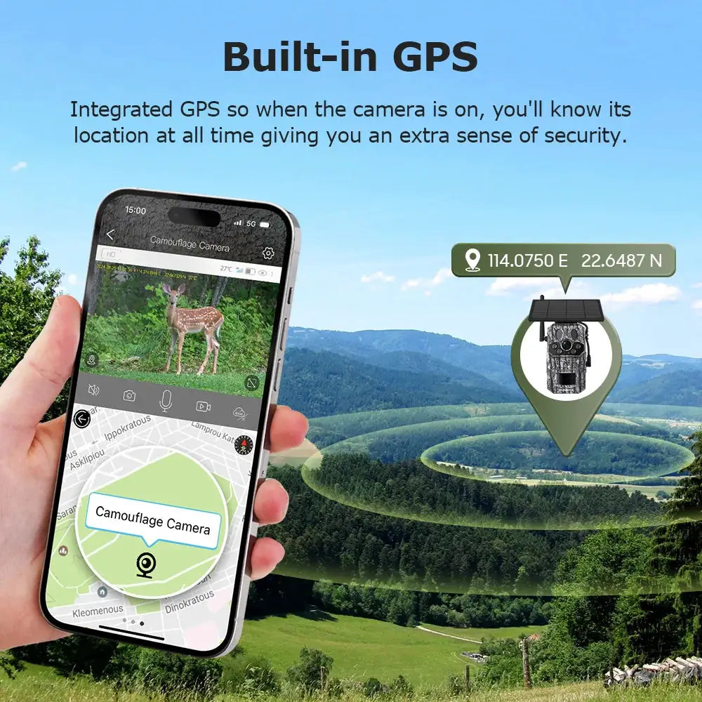 INQMEGA4G trail camera with solar power, 2K/5MP PIR motion, camouflage finish, IP66 rugged, built-in GPS