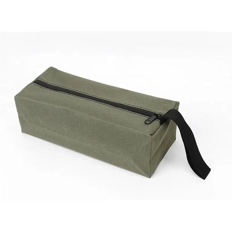 Small Oxford cloth hand-held tool bag in khaki with zipper and black wrist strap.