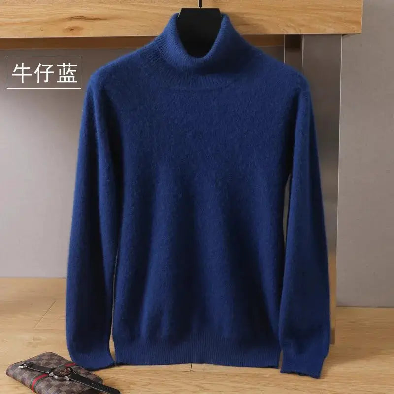 Men's blue mink velvet cashmere sweater, knitted long-sleeve pullover with a high neck