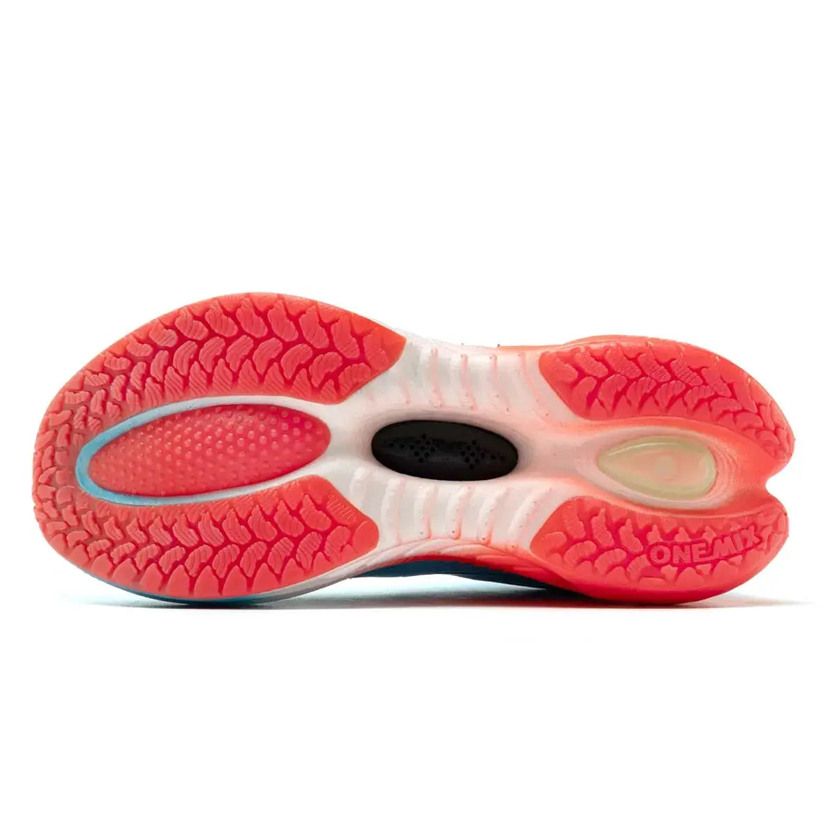 ONEMIX running shoes outsole in pink with blue accents