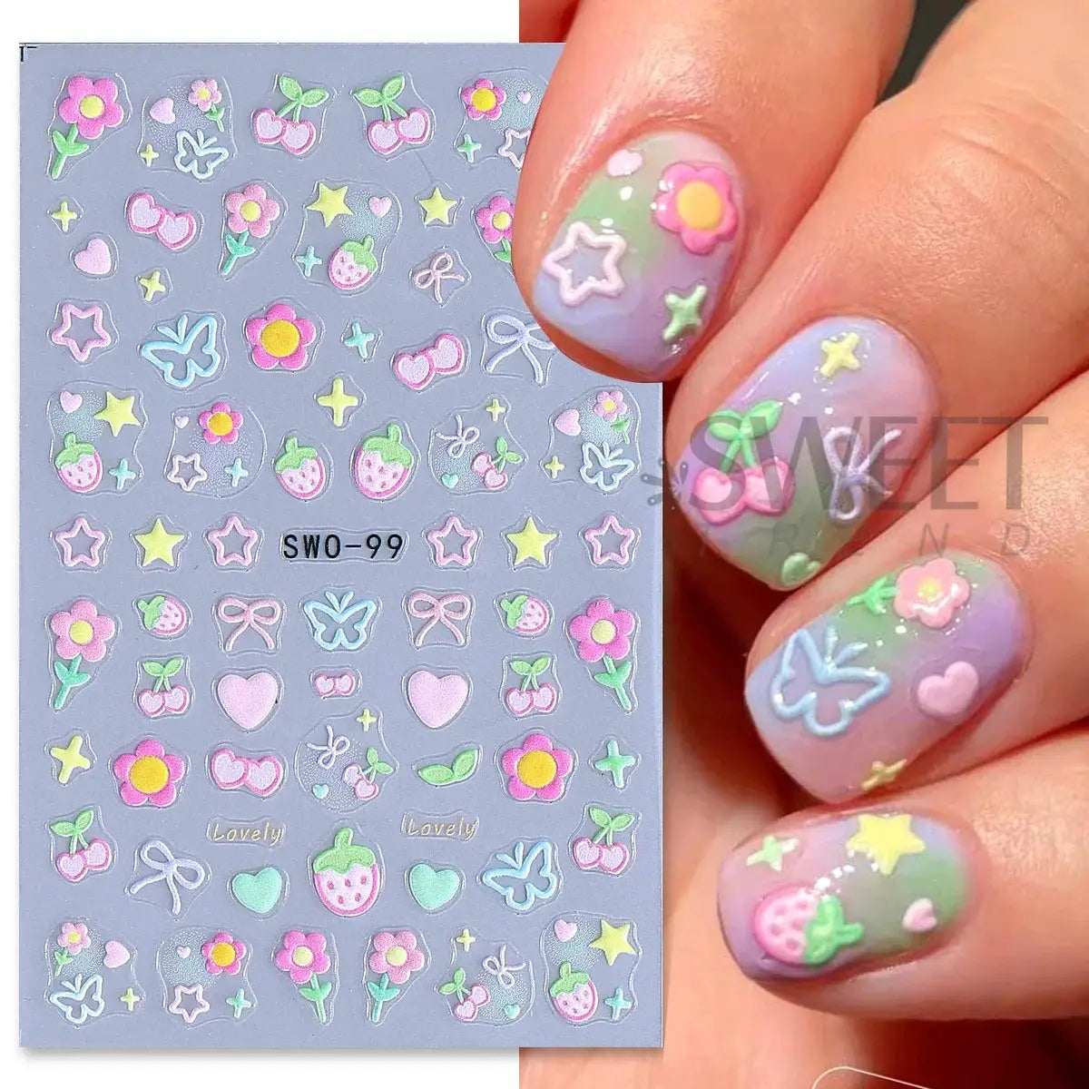 Simples Market 2pcs Sweet Element nail art stickers sheet with pastel flowers, hearts, bows, stars and cherries