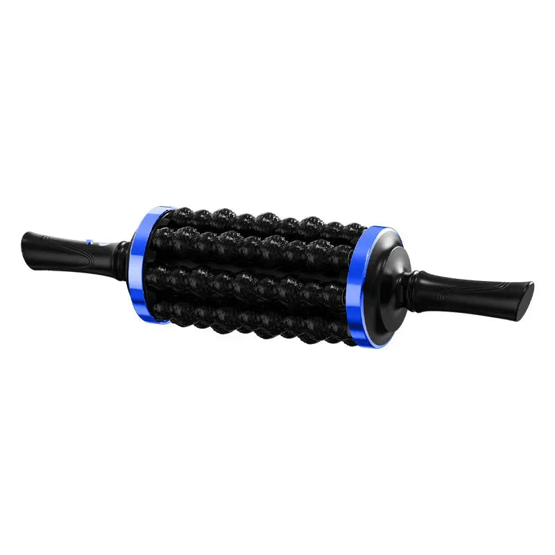 Rechargeable handheld rolling percussion massager with 72 points for foot, back and leg relief; black with blue accents