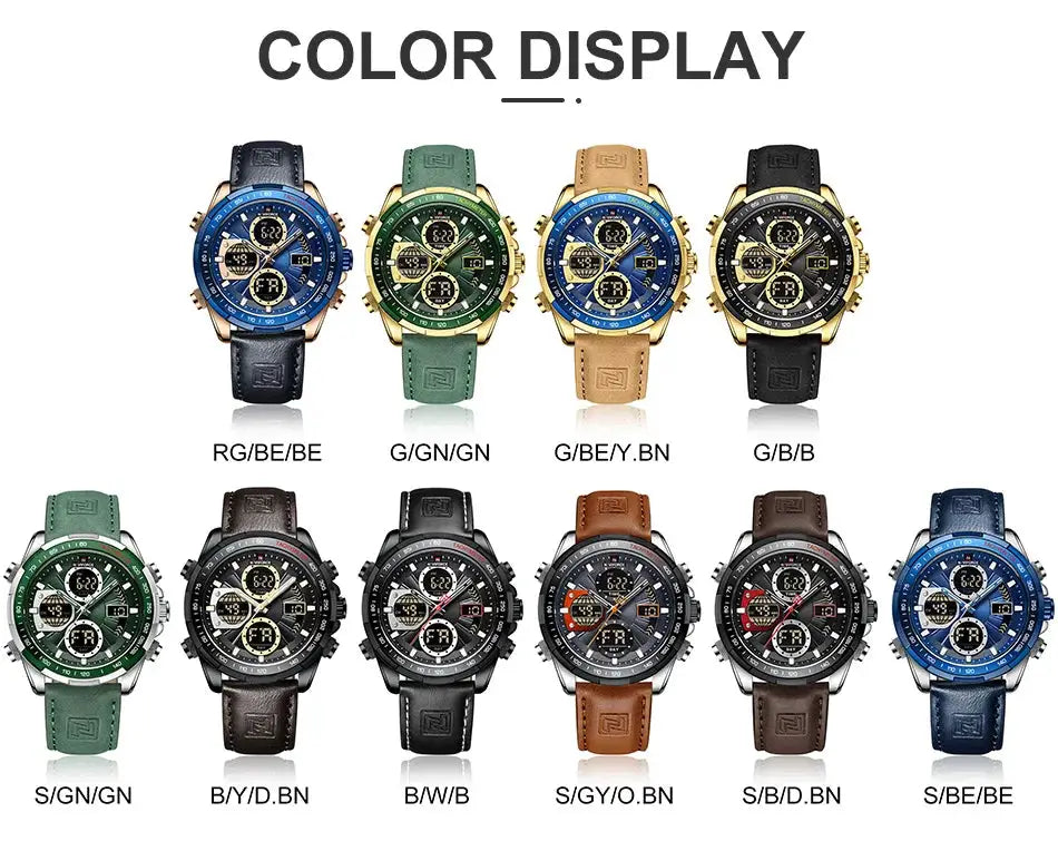NAVIFORCE men's watches with 12 color options, leather straps, gold-tone cases and chronograph dials