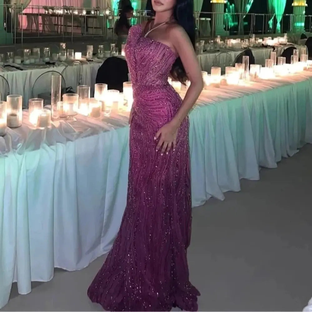 Elegant Vintage Pink Mermaid Evening Dress Beaded Lace Long Gown