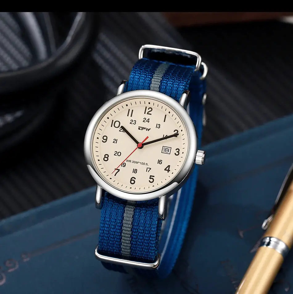 TPW Field Watch with beige dial, blue fabric strap with gray stripe, 24-hour display and date window
