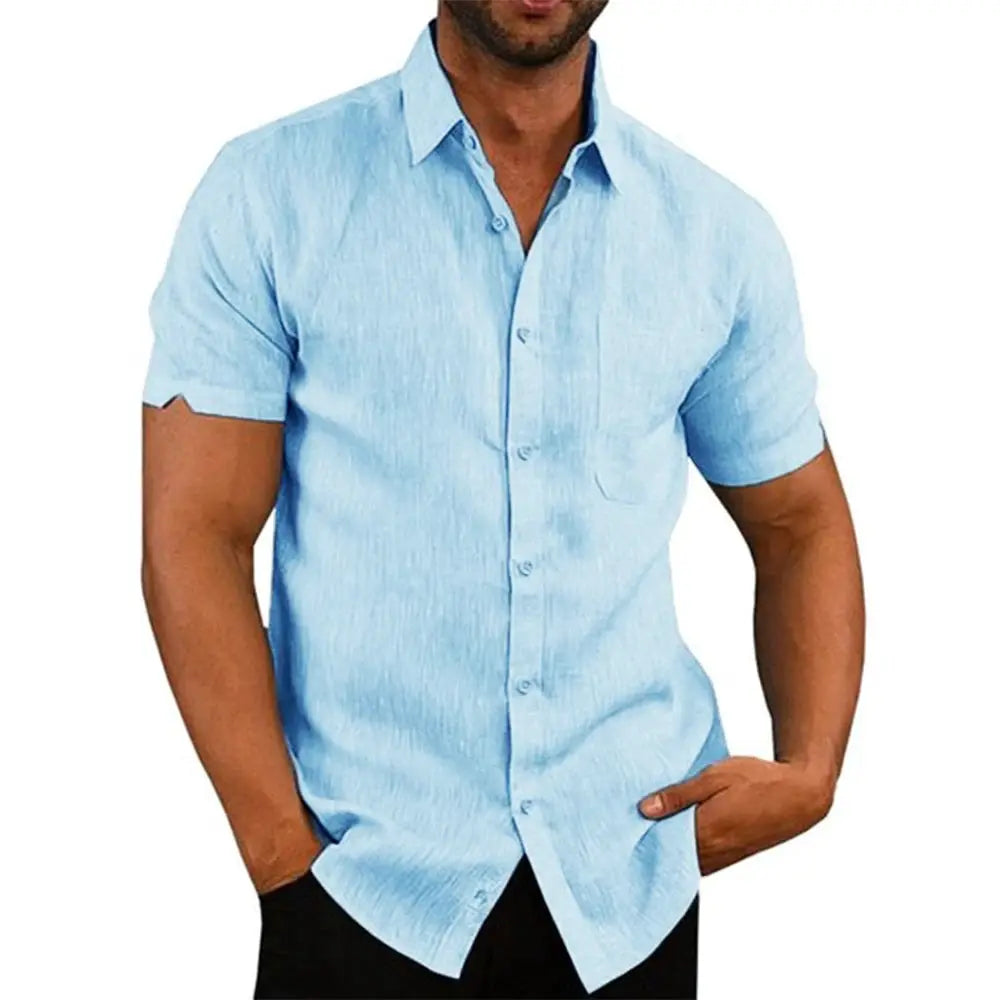 Men's light blue cotton-linen short-sleeve shirt with turn-down collar, casual beach style by Simples Market