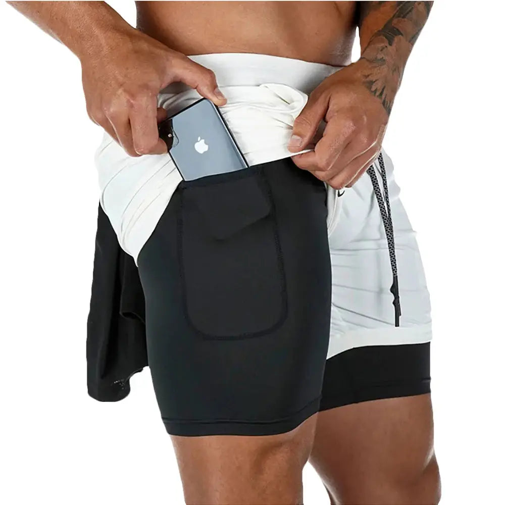 Men's fitness training shorts, black 2-in-1 quick-dry gym/running shorts with side pocket