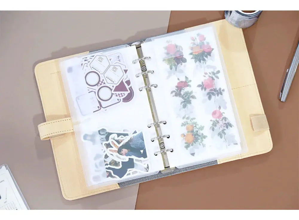 Binder zipper folders for 6-ring notebook; A5/A6, beige binder with transparent document sleeves Simples Market