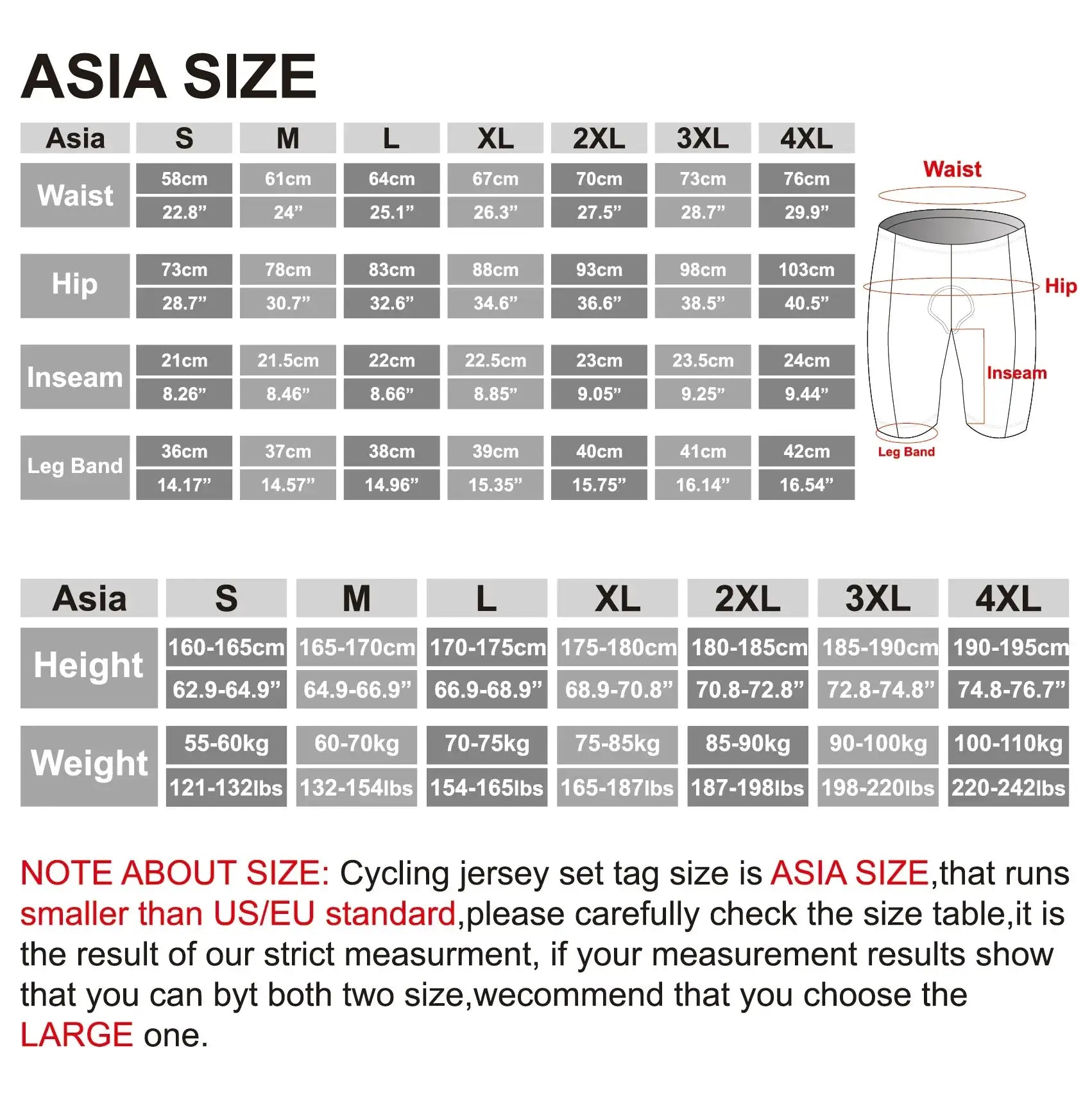 X-TIGER men's cycling shorts Asia size chart with waist, hip, inseam, height and weight measurements