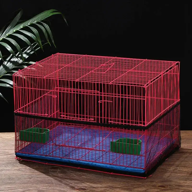 Bird cage by Simples Market: red metal cage with blue base tray and two green feeders