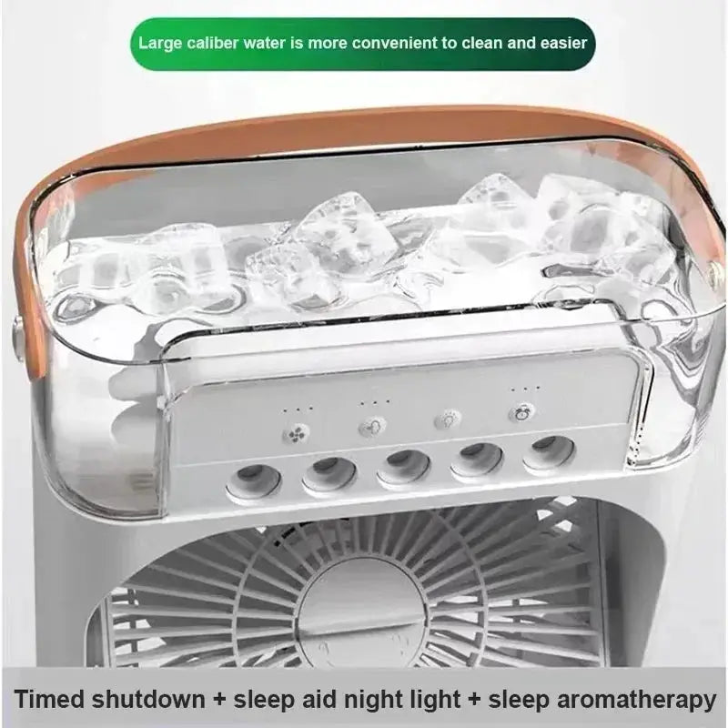 Simples Market 3-in-1 air cooler with humidifier and LED night light; white portable unit with clear water reservoir and orange accents