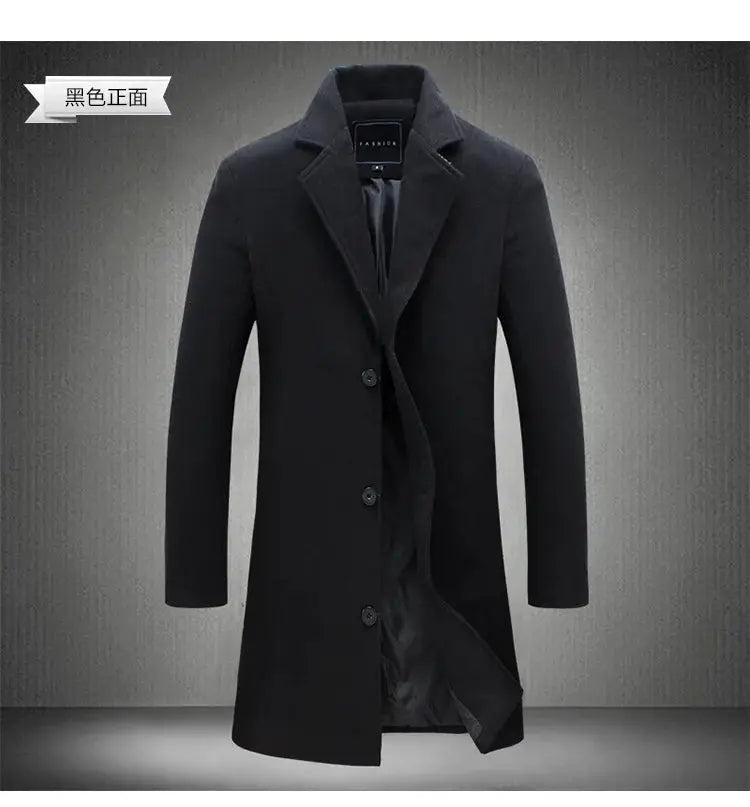 Simples Market men's black wool trench coat, mid-length, single-breasted with lapels.