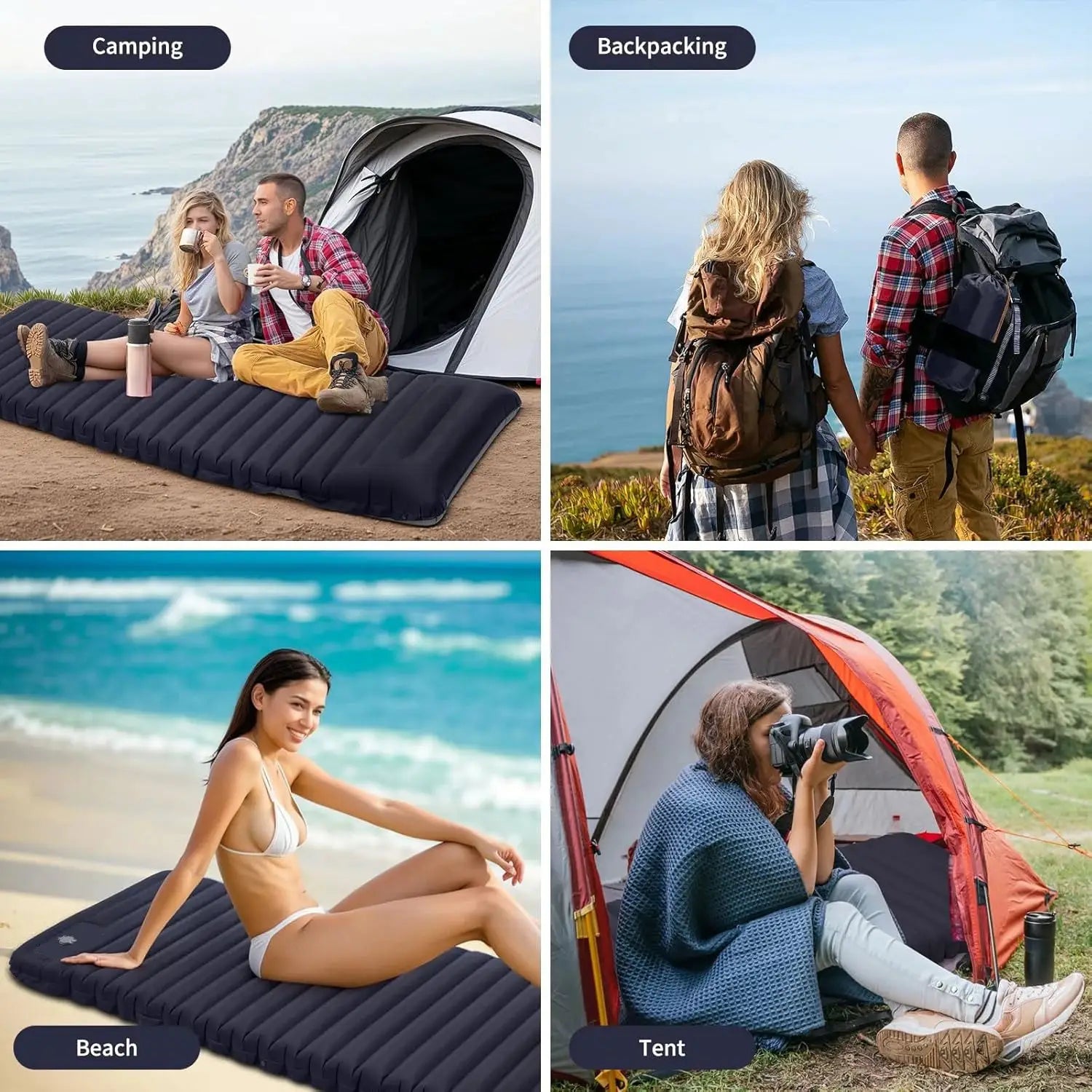 Camping sleeping pad by Simples Market, extra thick 4-inch navy blue, self-inflating and spliceable for outdoor use.