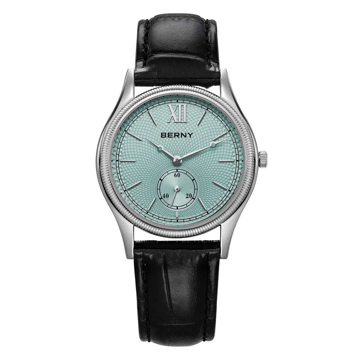 BERNY men's watch with turquoise textured dial, silver case and black leather strap