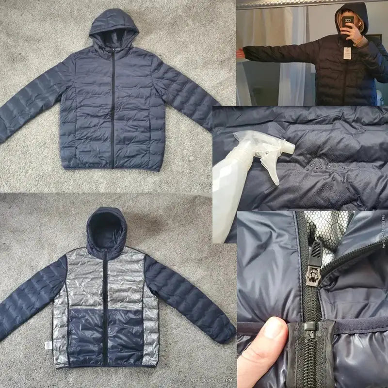 Men's navy duck-down jacket with hood; windproof, waterproof quilted puffer, shown in black and silver-panel variants.
