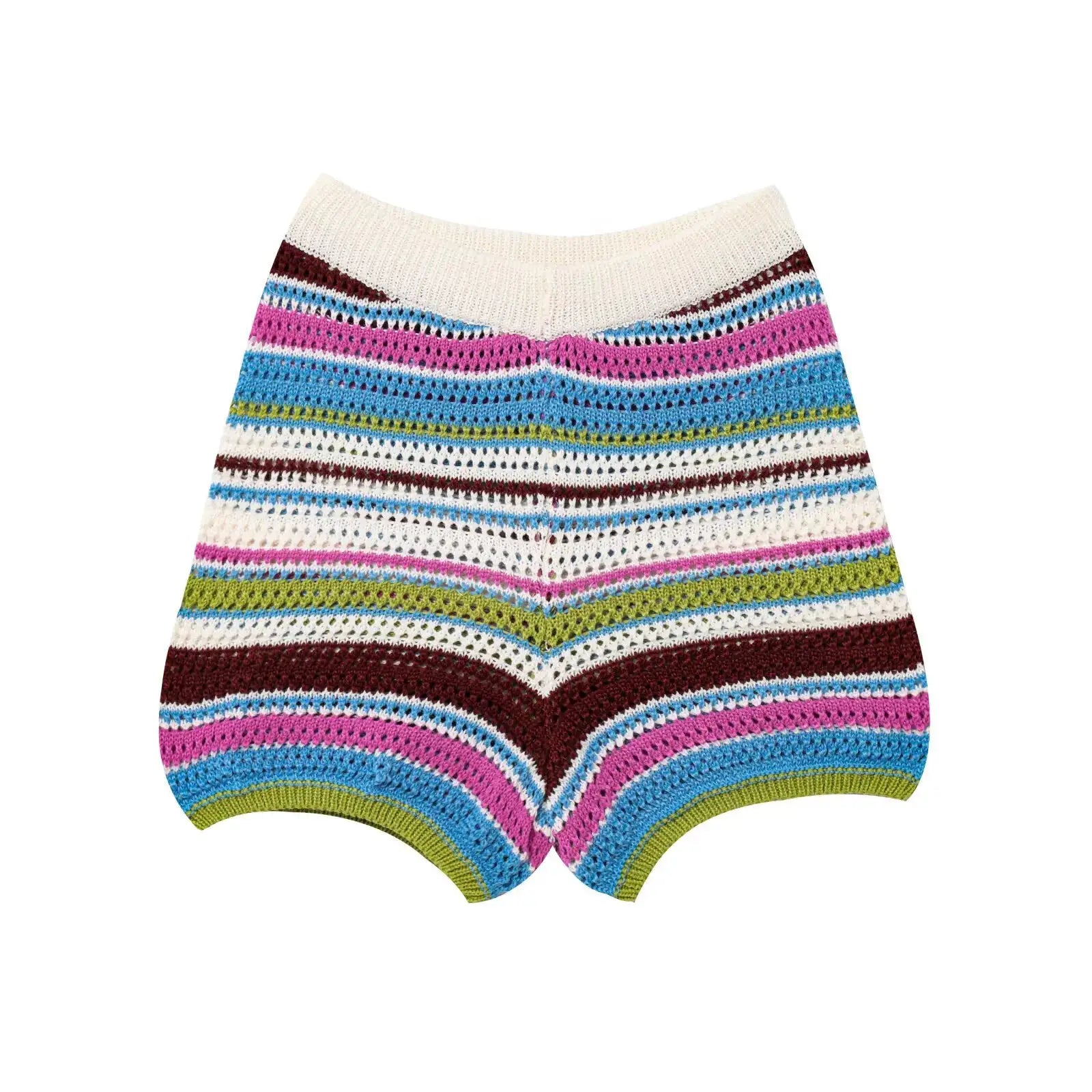 Women Patchwork Striped Crochet Knit Set Polo Collar Shorts Y2K Style