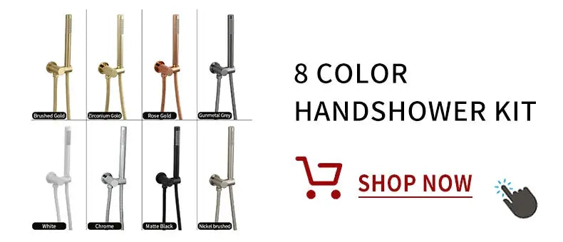 Simples Market handheld shower kit display in 8 color finishes.