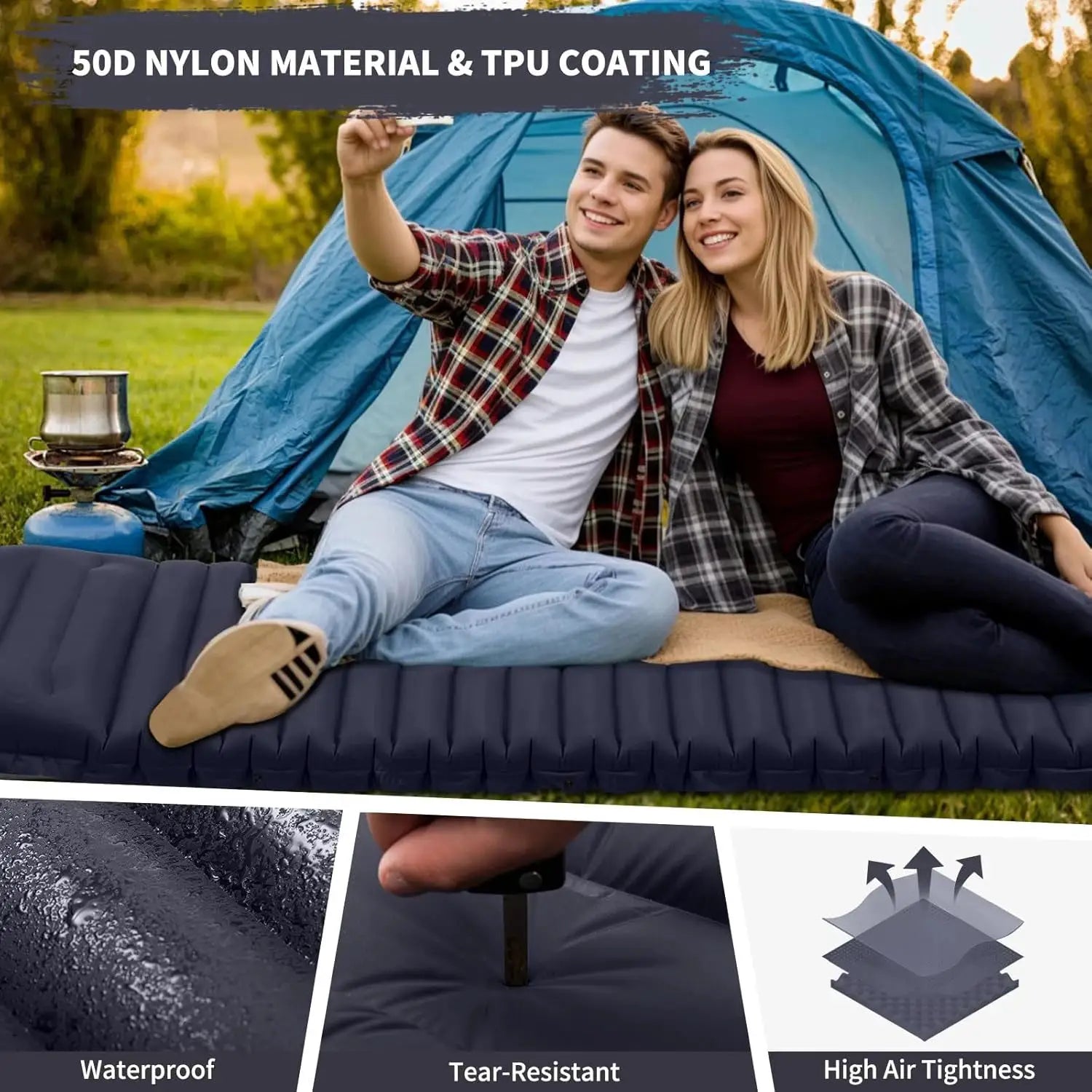 Extra thick 4-inch blue camping sleeping pad by Simples Market; self-inflating and spliceable.