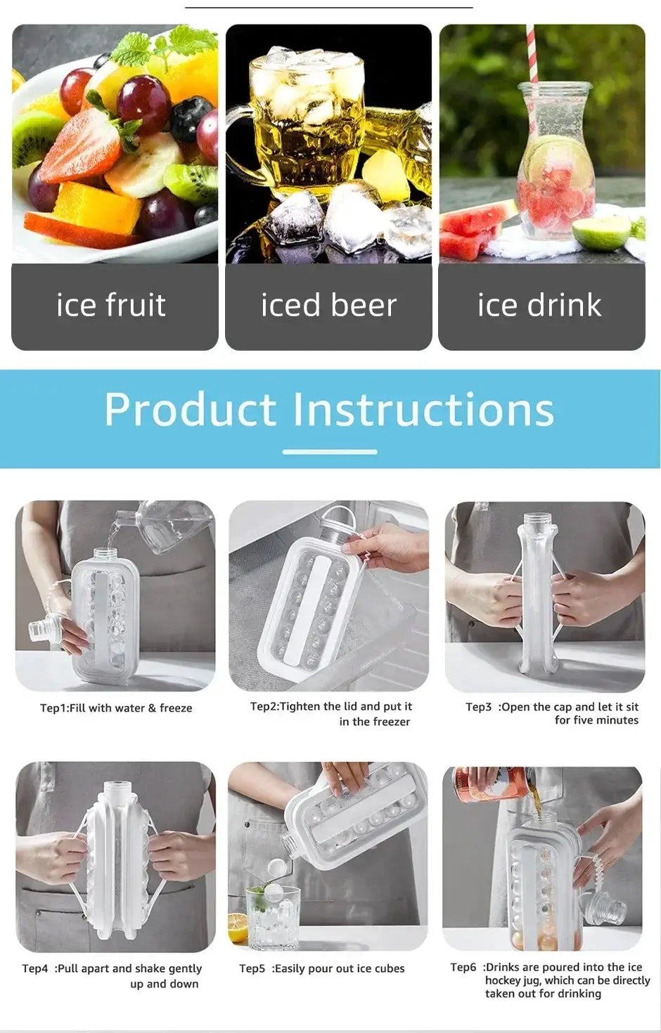 Simples Market portable 2-in-1 folding ice maker water bottle with built-in ice cube mold, clear plastic