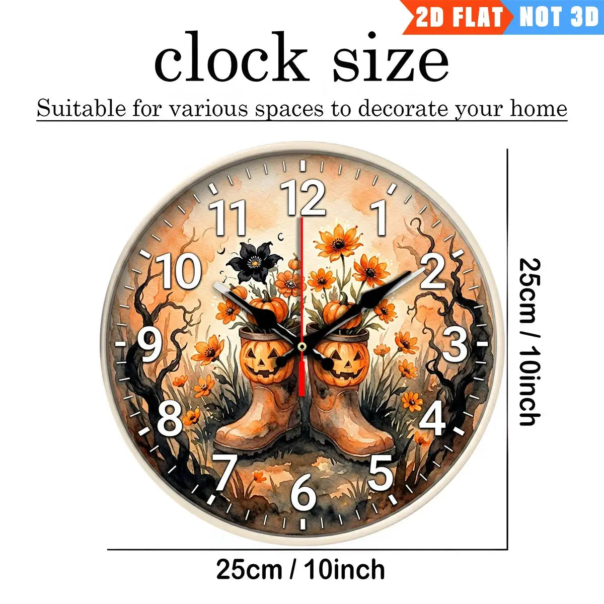 Round pumpkin-themed wall clock by Simples Market, 10-inch, featuring two pumpkins in boots amid orange flowers.