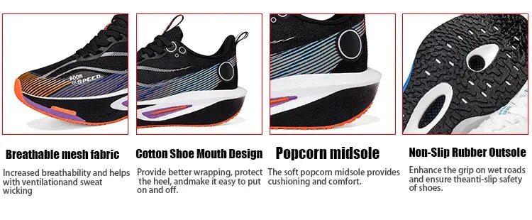 Carbon plate running shoes by Simples Market for men and women; breathable mesh, lightweight midsole, non-slip outsole.