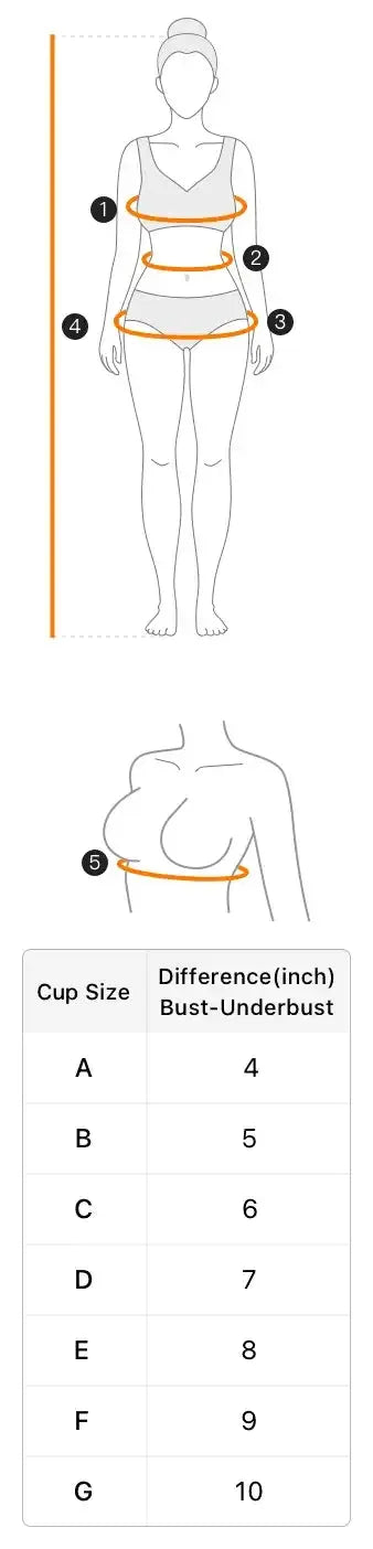 Simples Market women's wire-free front-closure bra, solid color, full-coverage cups, measurement guide chart.