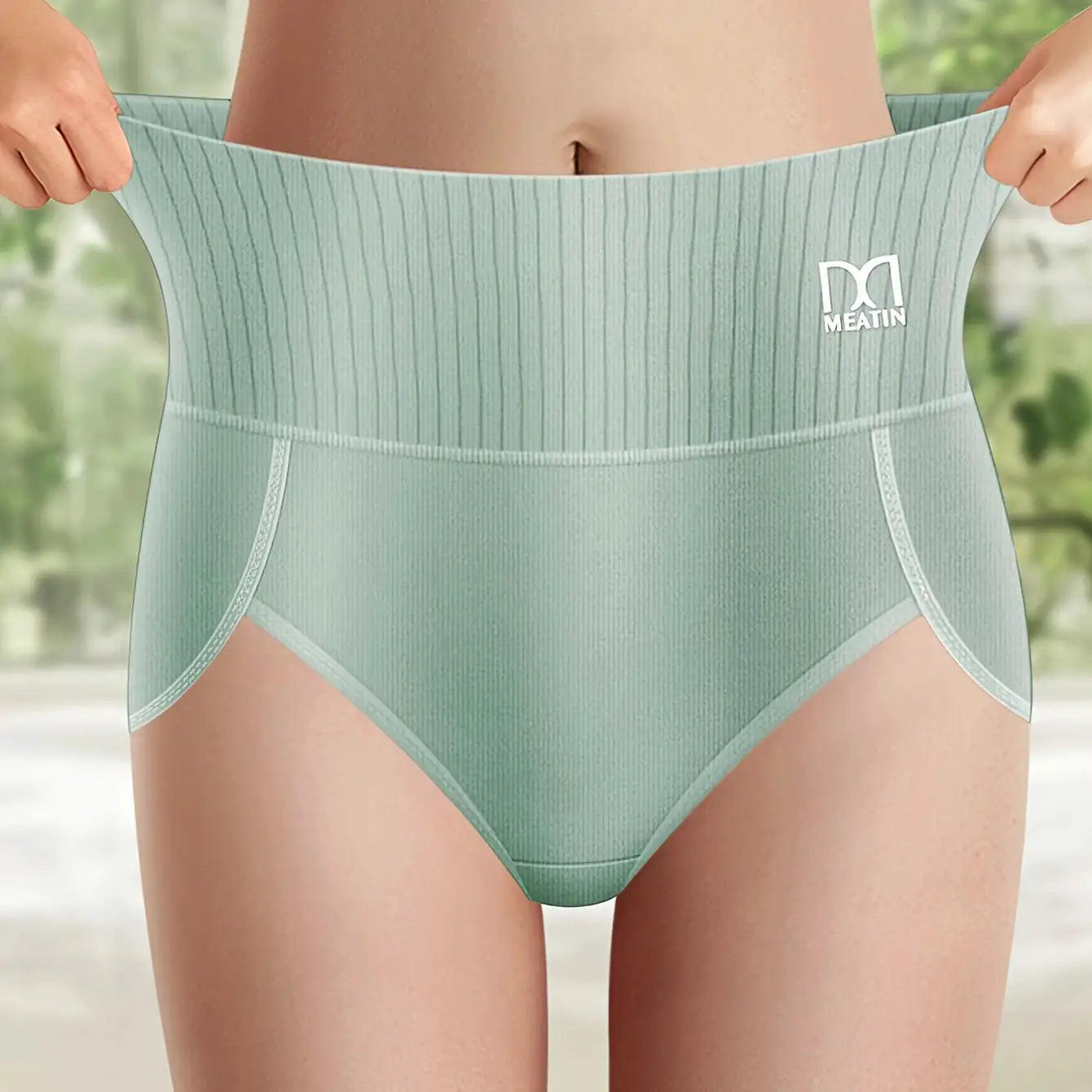 Meatin high-waisted tummy-tightening panties in mint green, breathable cotton