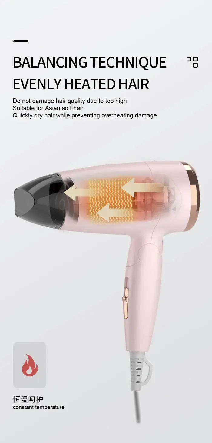 Kemei pink portable handheld hair dryer by Simples Market, foldable design, 950W, transparent body.